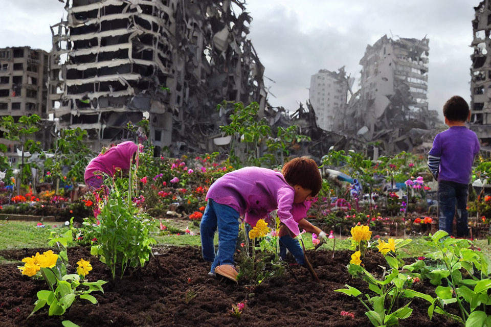 Colorful garden tended by children against demolished buildings, showing contrast.