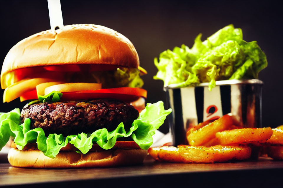 Classic Cheeseburger with Lettuce, Tomato, Onions, Fries, and Salad