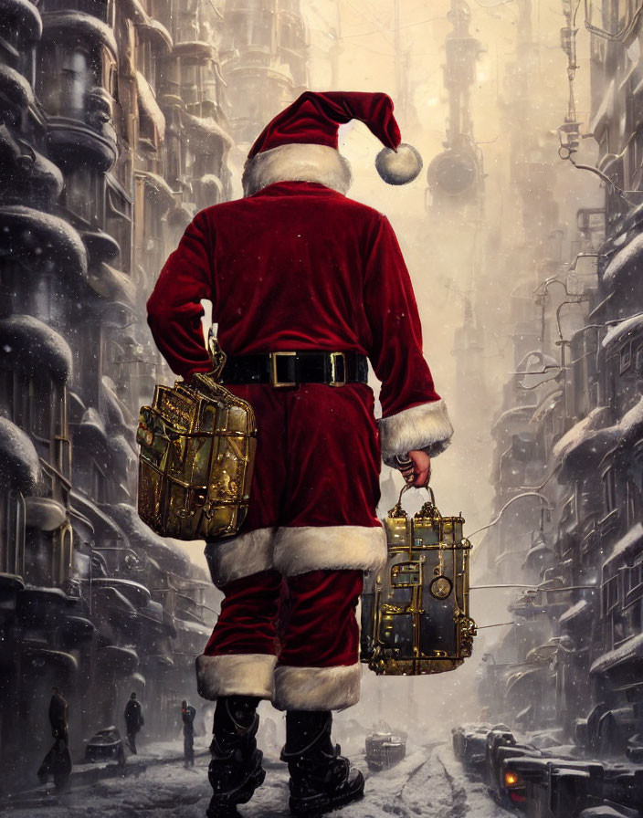 Santa Claus Walking Down Snowy Street with Gifts Amidst Tall Buildings