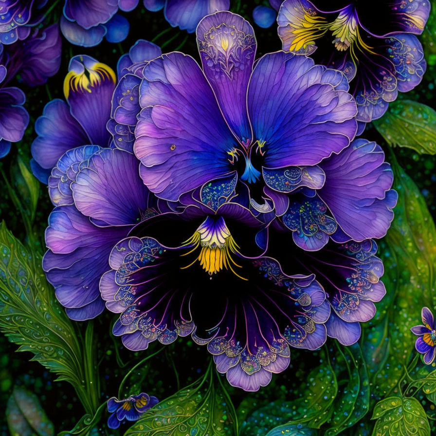 Stylized Blue and Purple Flowers in Digital Art