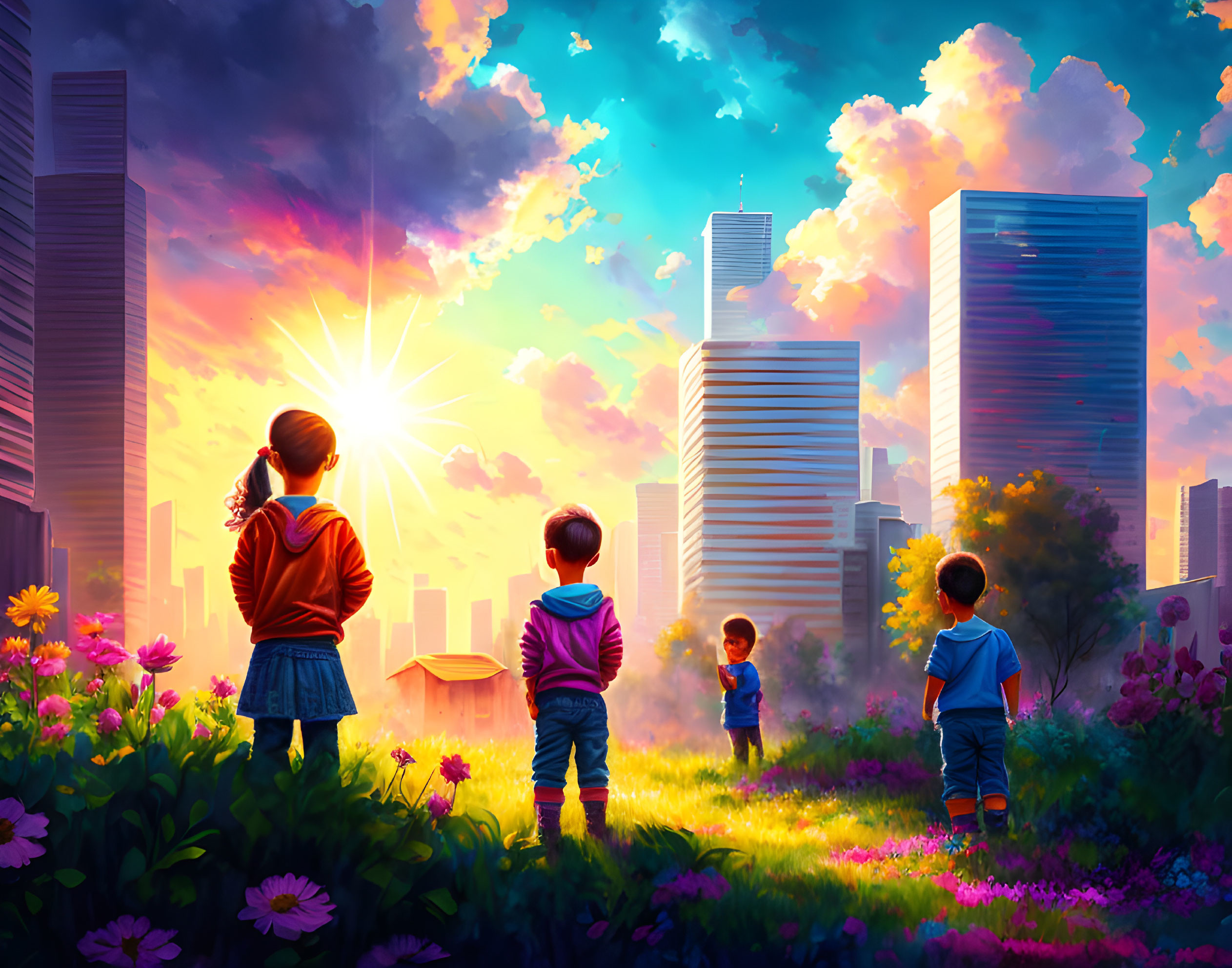 Children in vibrant meadow with futuristic cityscape at sunset