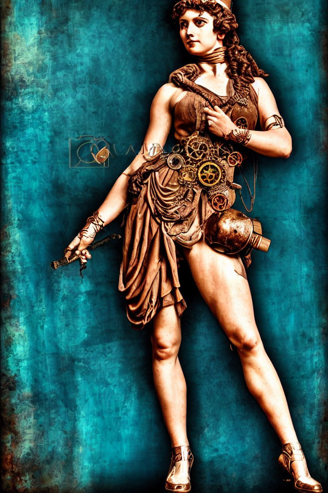 Steampunk-themed female figure in brown tunic with gears on teal backdrop