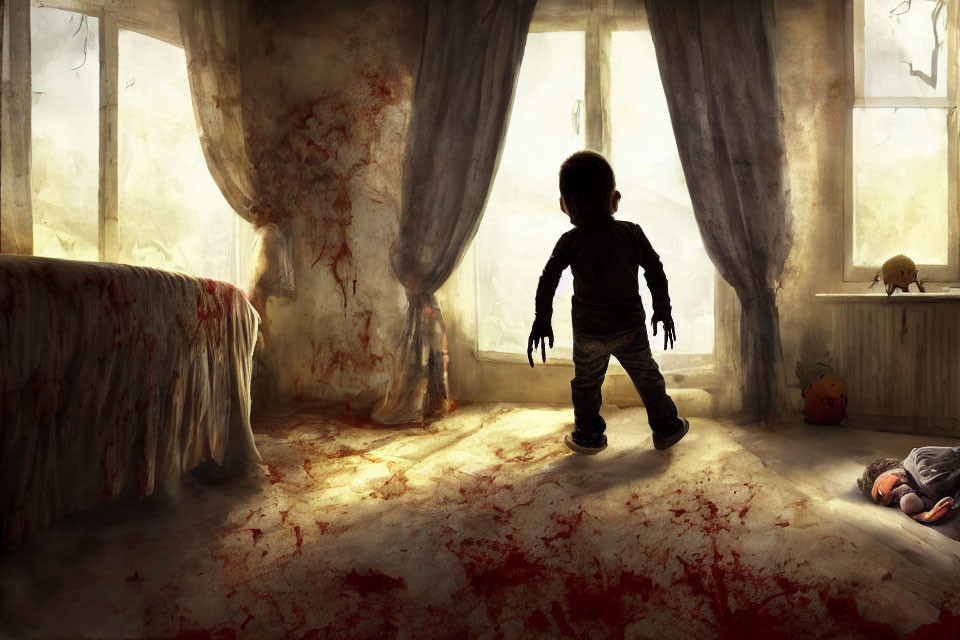 Child in dim room with bloodstains and lifeless figure by window