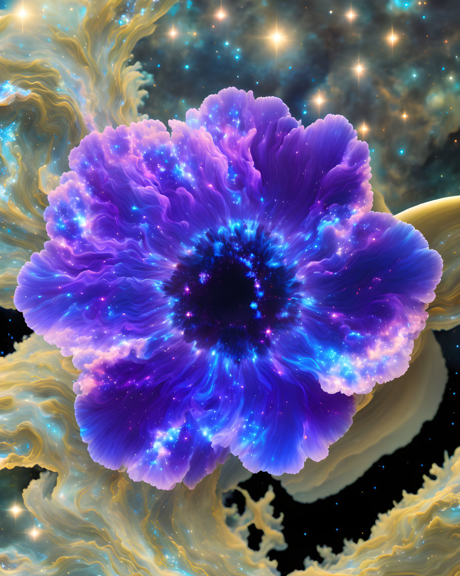 Vibrant cosmic flower in purple and blue hues with golden nebulous clouds on starry space background