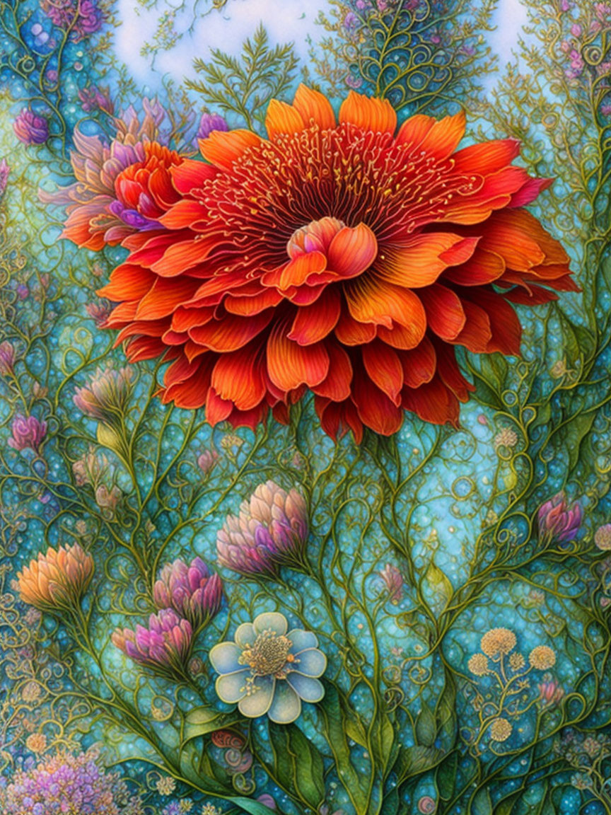 Detailed Red-Orange Flower Surrounded by Fantasy-like Foliage