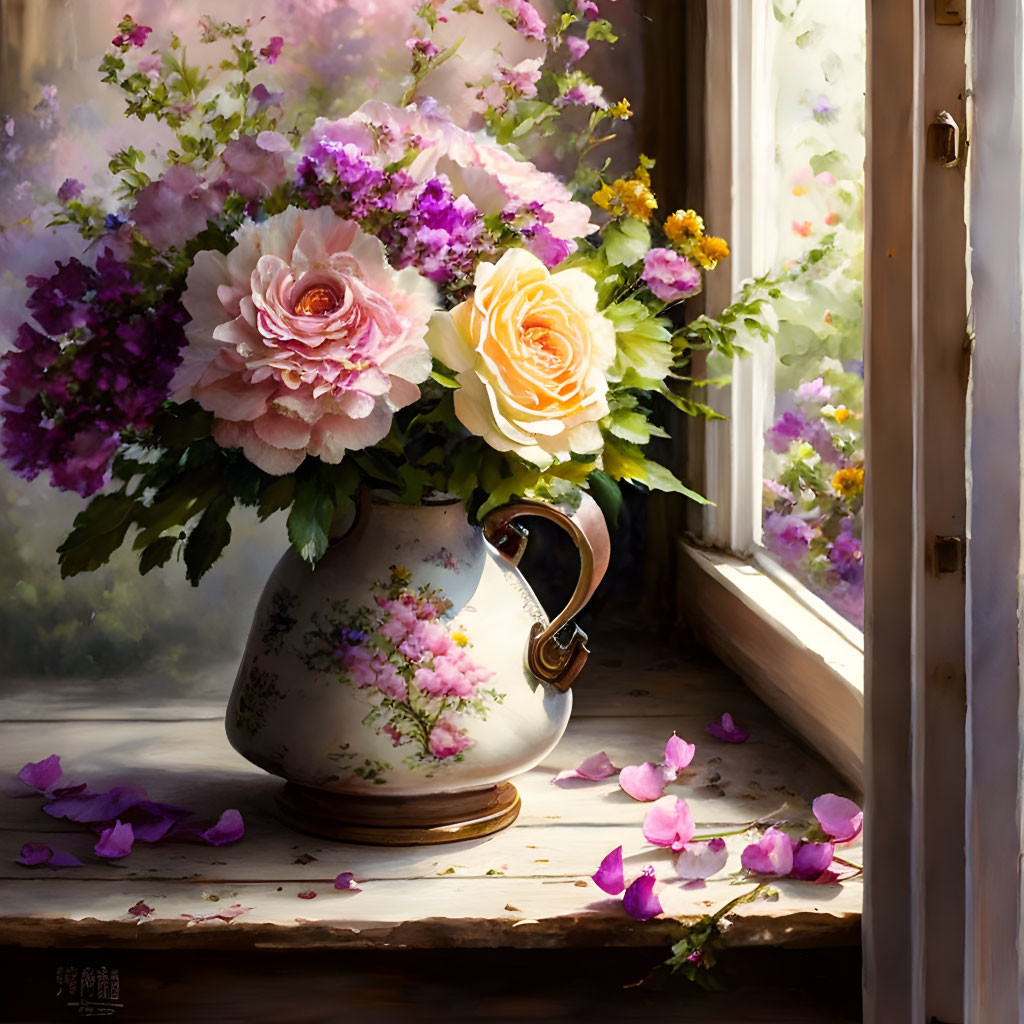 Vase with blooming roses and assorted flowers on windowsill