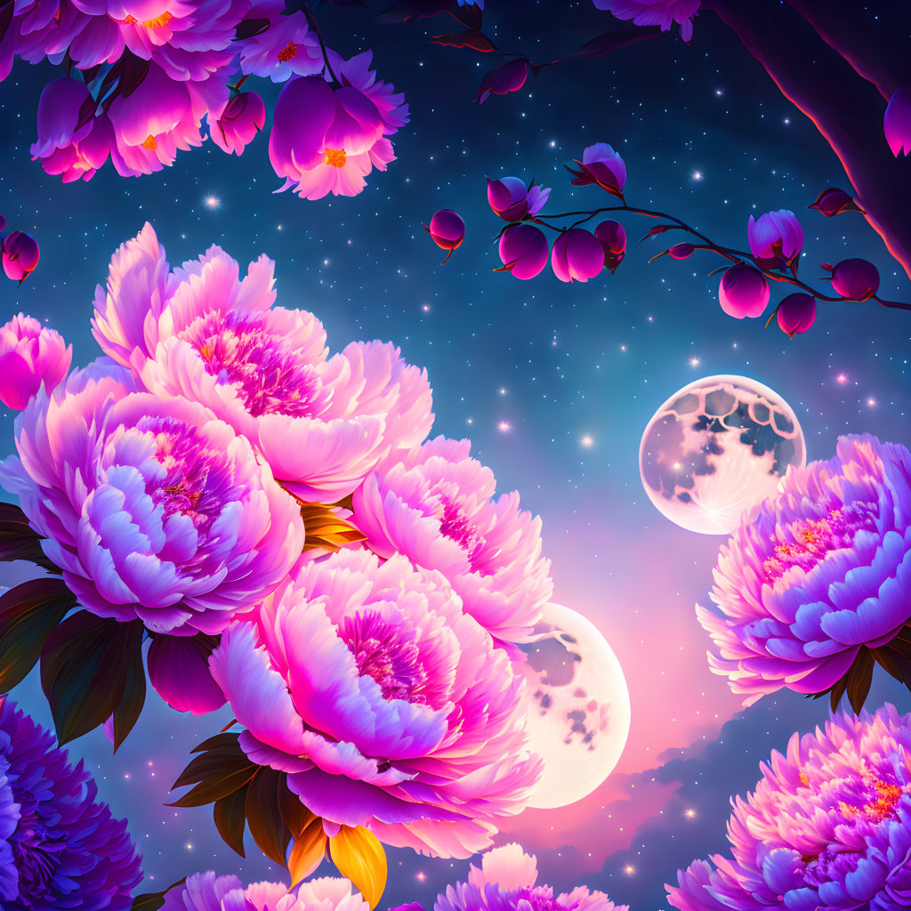 Pink Peonies Bloom Under Night Sky with Moon and Stars