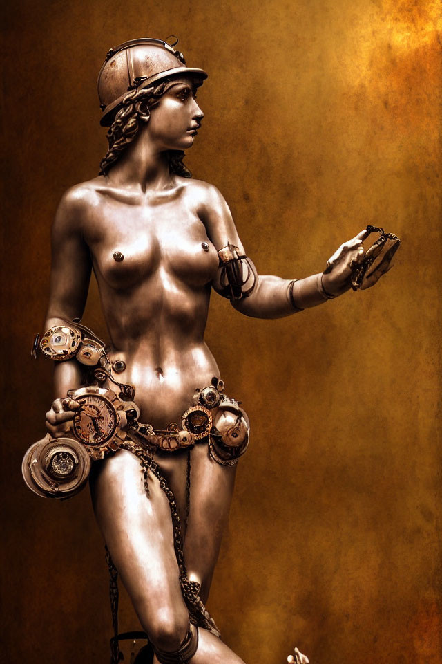 Steampunk-inspired female statue with gears and orb on golden backdrop