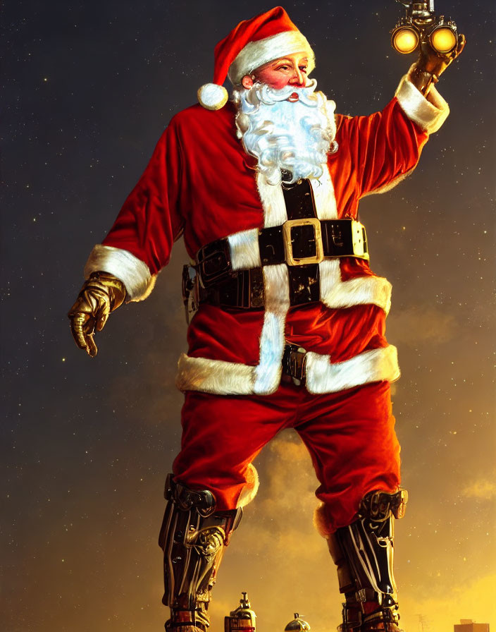 Santa Claus with Robotic Lower Body Holding Lanterns Against Evening Sky