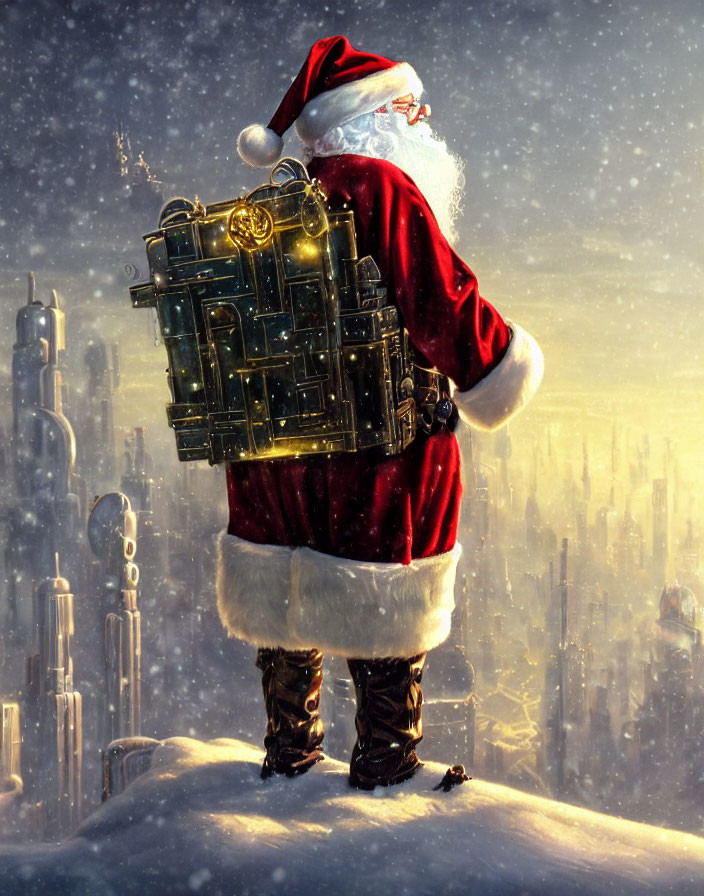 Santa Claus with gift sack in snowy futuristic cityscape.