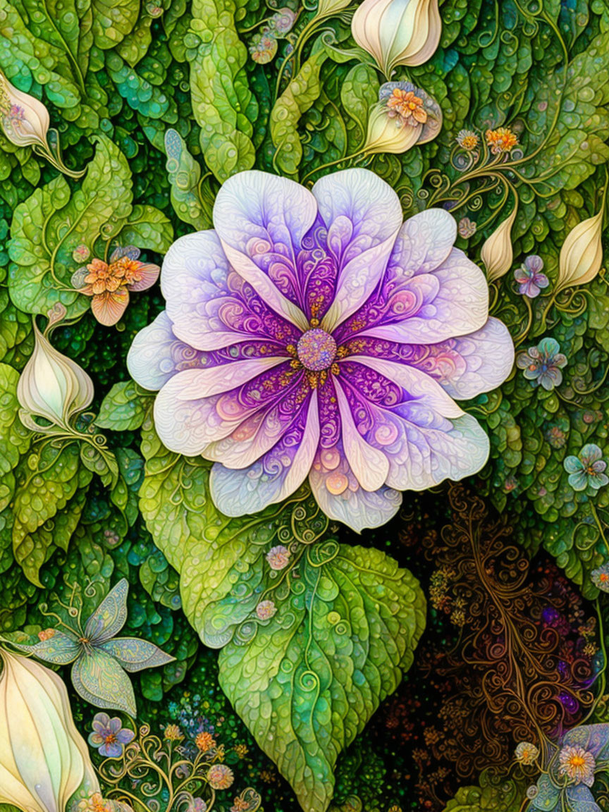 Detailed illustration of vibrant large flower with purple and white petals amidst green foliage