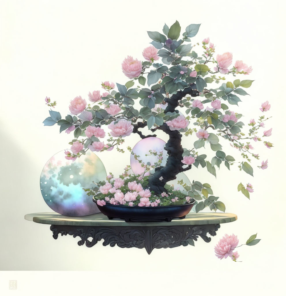 Stylized bonsai tree with pink blossoms on wooden shelf with celestial and floral orbs