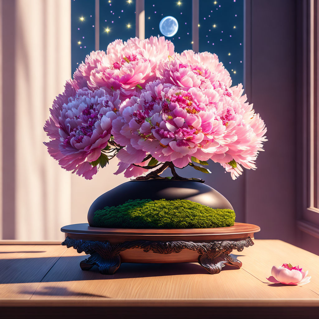 Pink peonies bouquet in black vase on wooden stand with nighttime sky and moon.