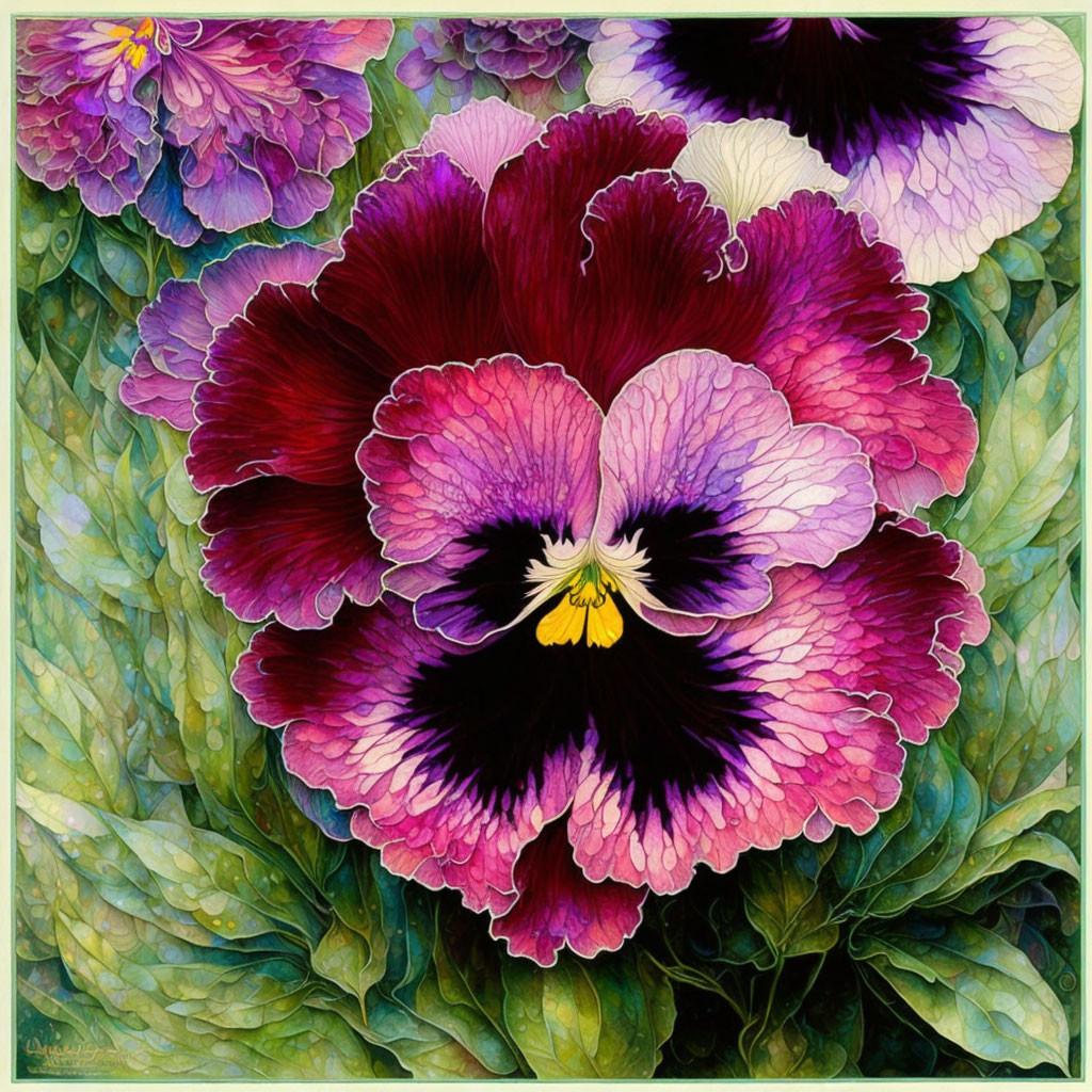 Colorful pansy illustration with purple and pink hues in a garden setting.