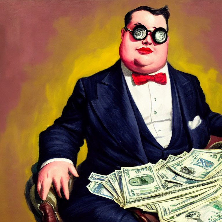 Exaggerated facial features man in binocular glasses with cash on lap