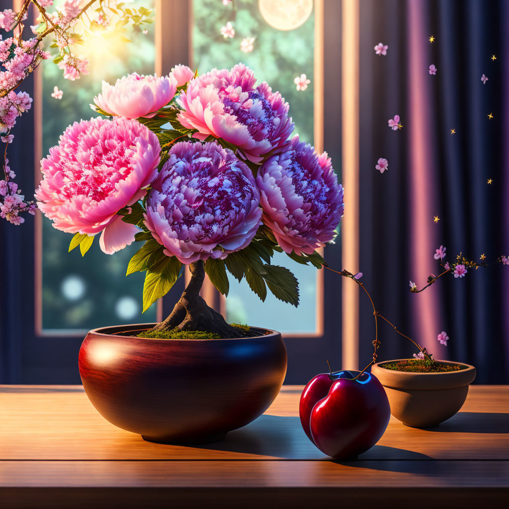 Pink peonies bouquet in dark bowl on wooden table with window view.