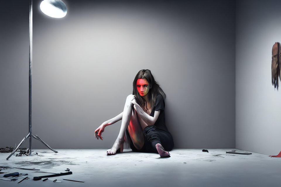 Person with Red-Painted Eyes in Studio Setting with Artistic Mess and Winged Object