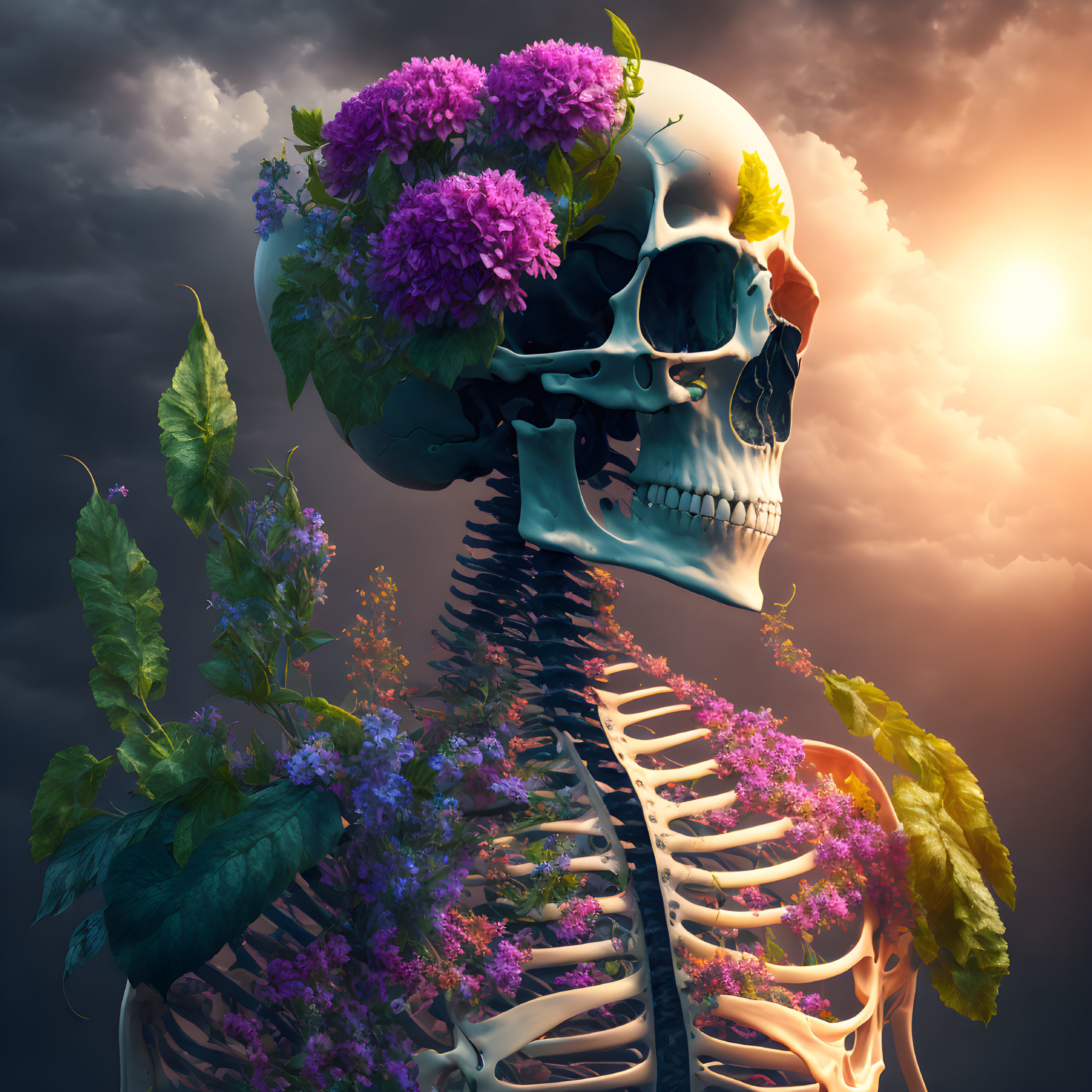 Human skeleton with vibrant flowers on dramatic sky background