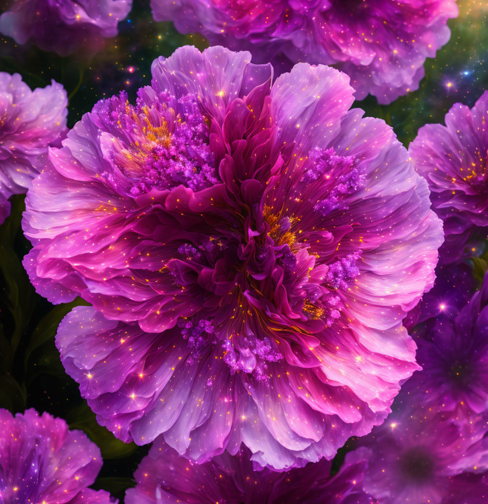 Pink Peony Flower with Glittering Particles on Cosmic Starry Background