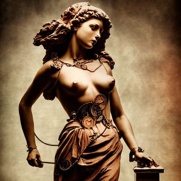 Steampunk-style woman sculpture with gears and clock components, draped in dress, on sepia background