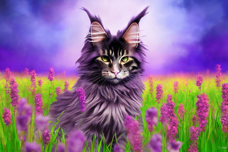 Long-Haired Black and Grey Cat with Yellow Eyes in Purple Flower Field