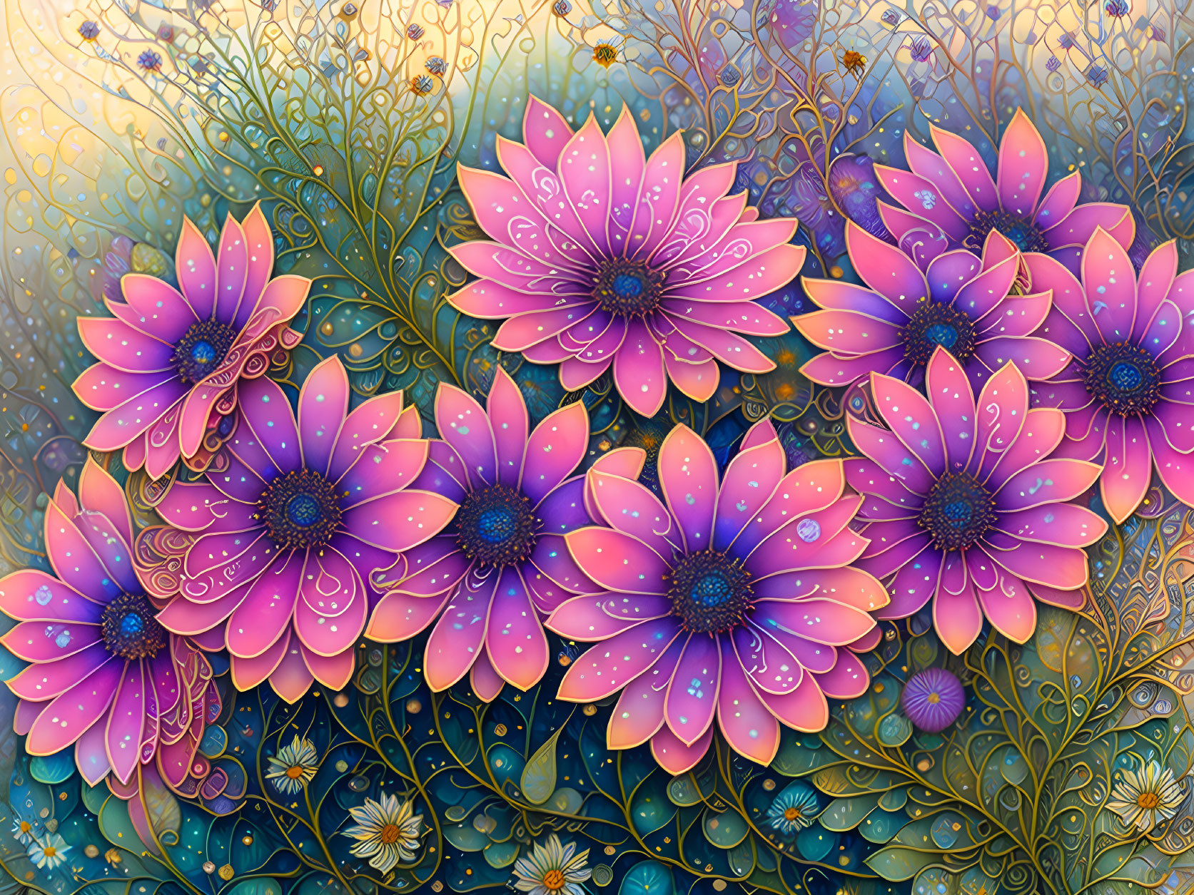 Colorful Digital Art: Pink and Purple Flowers on Blue and Gold Botanical Background