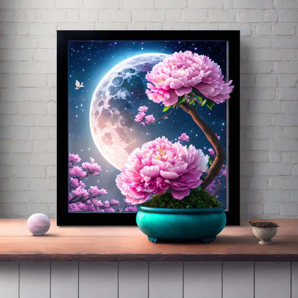 Framed bonsai tree with pink blossoms on cosmic backdrop, displayed on white brick wall.