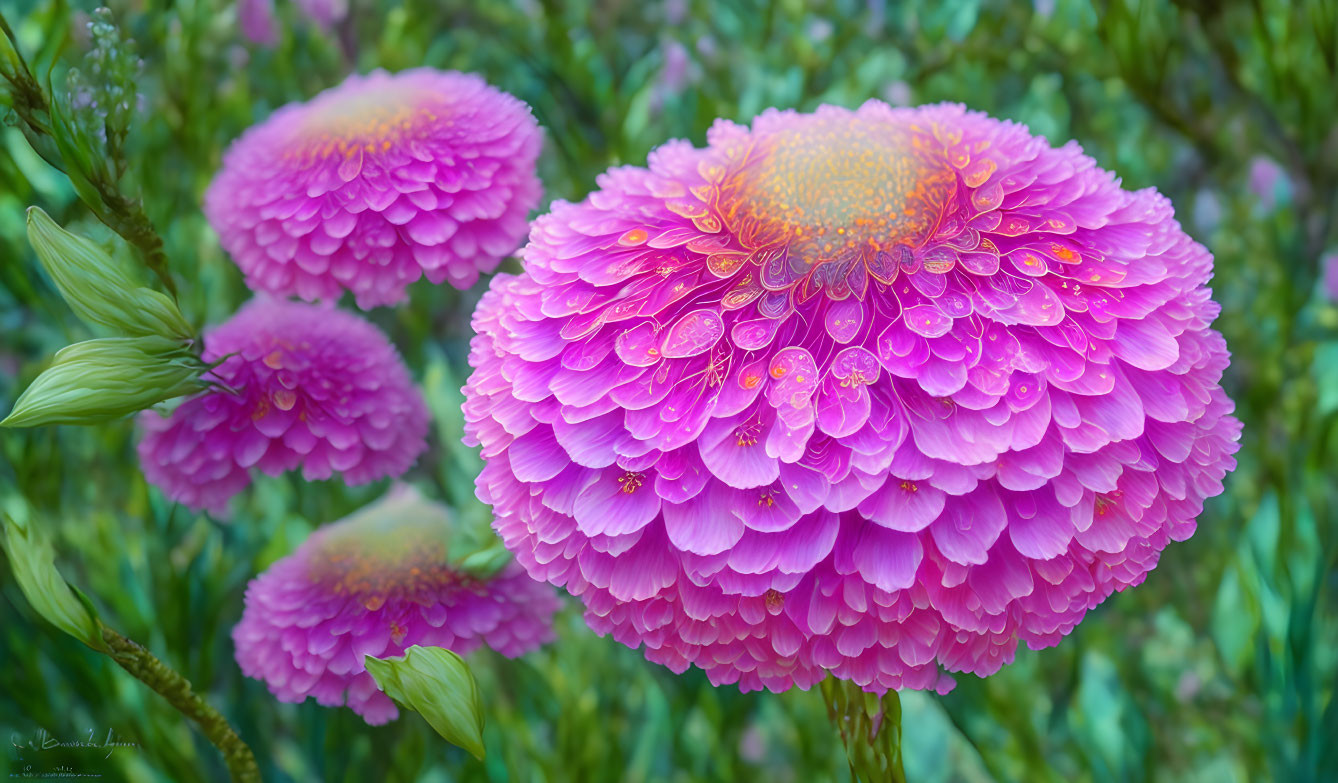 Pink dahlia with water droplets, surrounded by buds and greenery