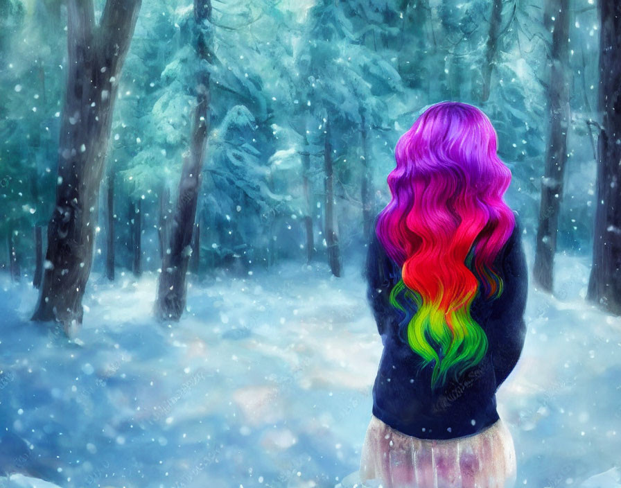 Vibrant rainbow-colored hair person in snowy forest scene