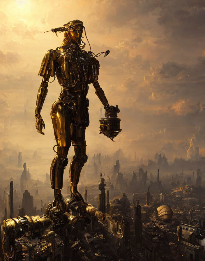 Golden humanoid robot in dystopian cityscape at sunset with helmet and airships.