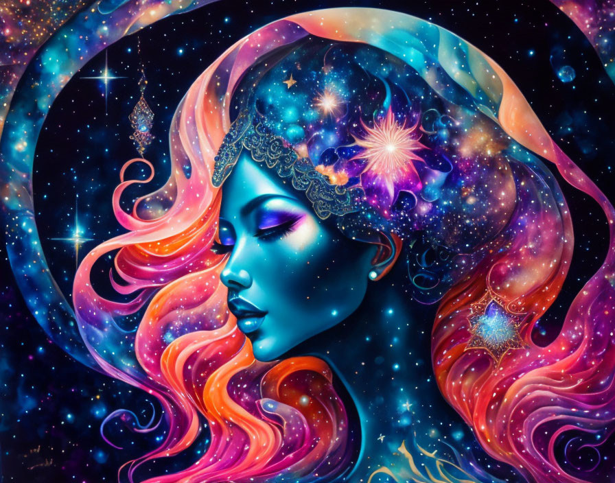 Colorful cosmic-themed woman profile with swirling hair and space elements.