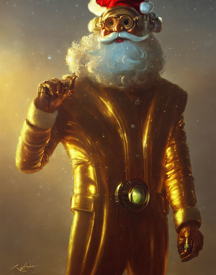 Steampunk Santa Claus with golden suit and goggles on warm background