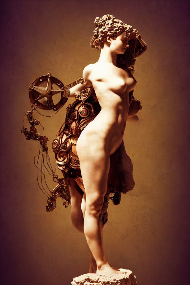 Steampunk-inspired sculpture combining female form with mechanical gears.