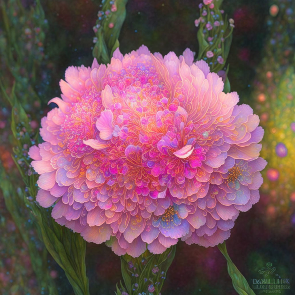 Colorful digital illustration of intricate pink flower in mystical setting