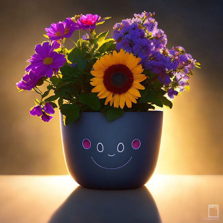 Colorful Smiling Face Pot with Sunflower and Blooms