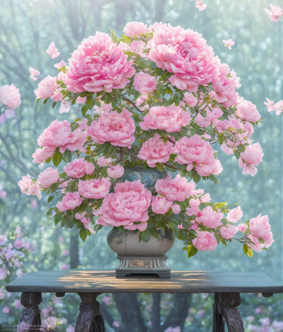 Pink peonies bouquet in classic vase with blooming trees background