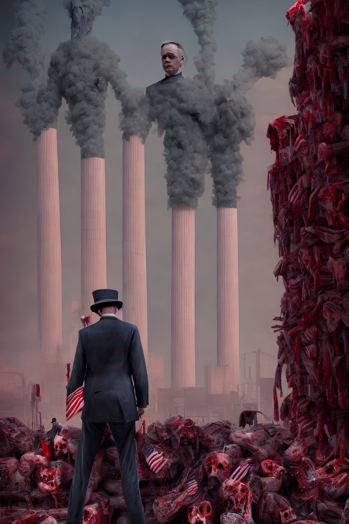 Surrealist man in black suit with smokestacks, face in clouds, red organic wall