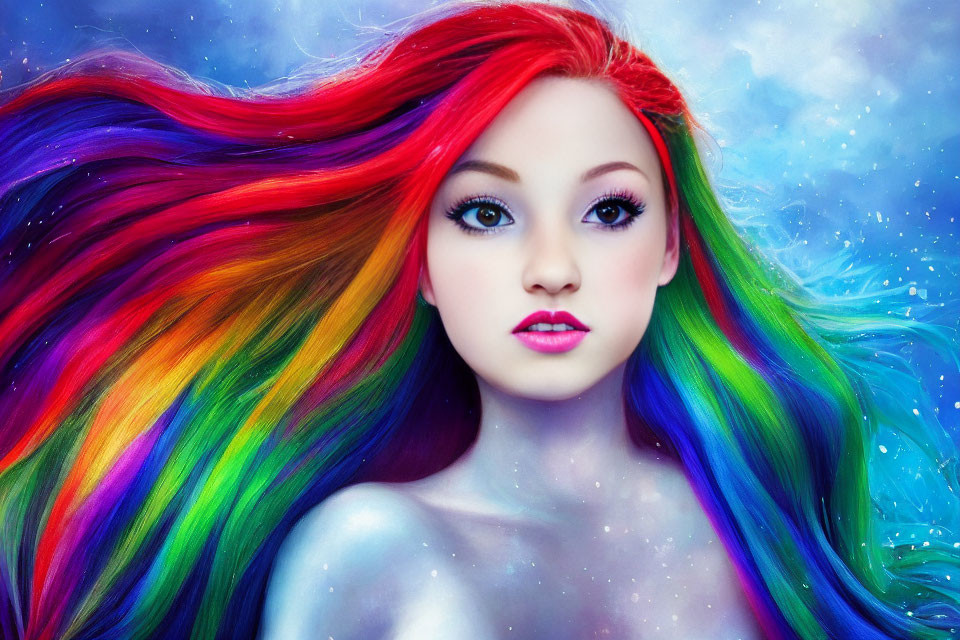 Colorful portrait of woman with rainbow hair on cosmic backdrop.