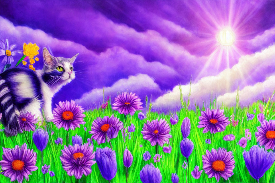 Cat in Purple Flower Field under Dramatic Sky