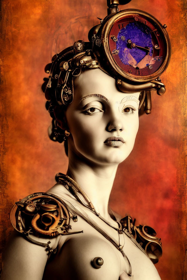 Steampunk portrait featuring clockwork elements and timepiece on headpiece