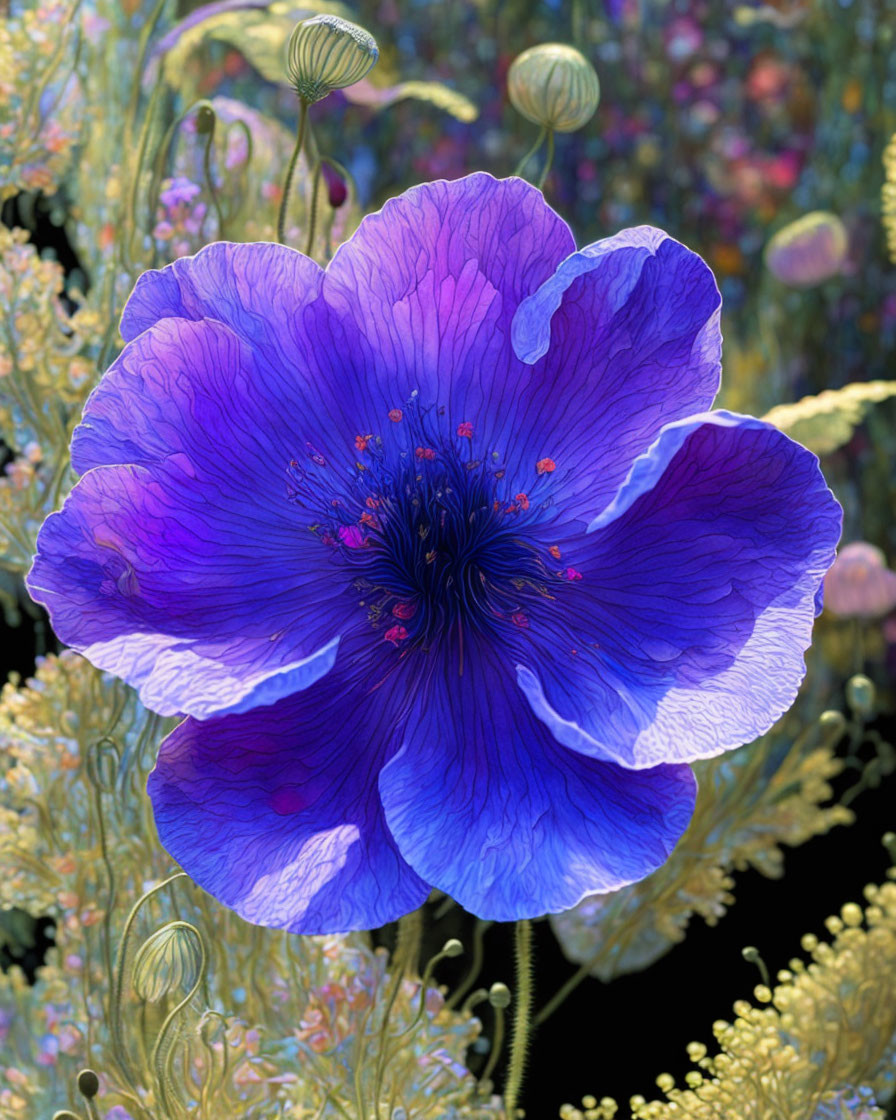 Vibrant blue poppy with water droplets in lush floral setting