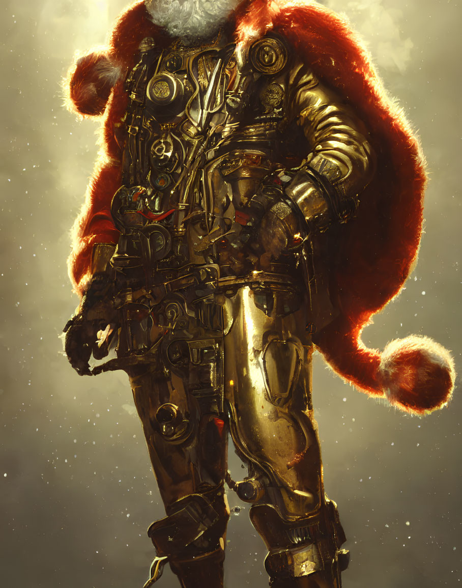 Futuristic Santa Claus in Golden Armor with Red Cape