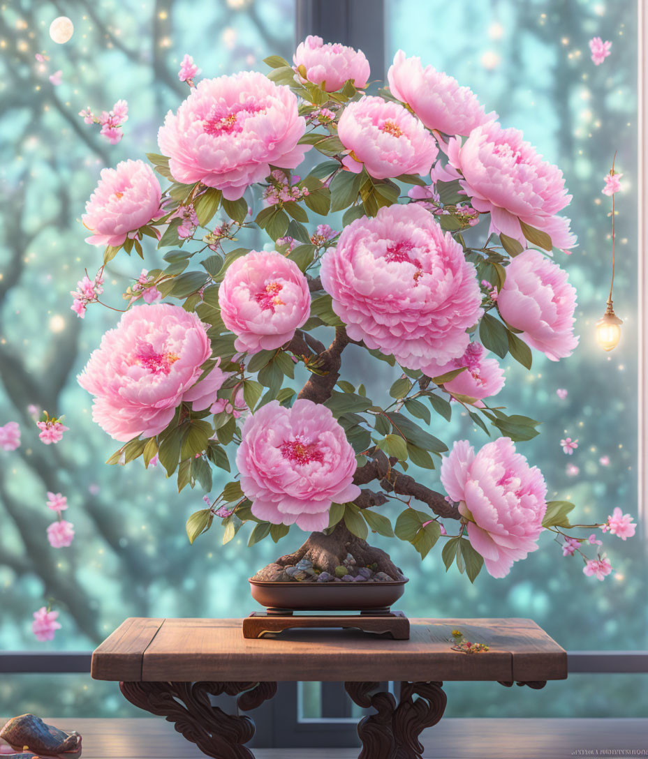 Pink peony bonsai on wooden table with cherry blossoms outside