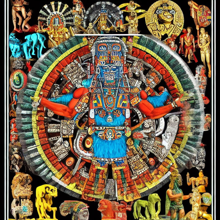 Vibrant Mesoamerican Art Collage with Aztec Sun Stone and Deities