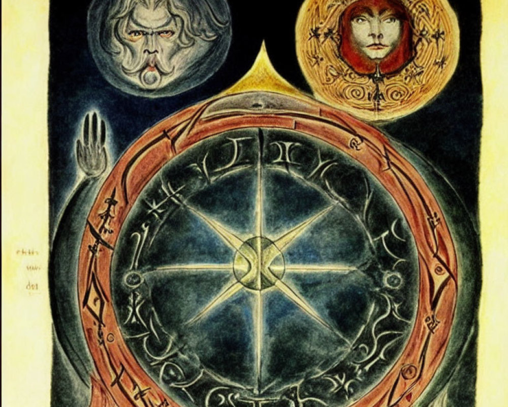 Ornate Wheel with Celestial Faces and Mystical Symbols