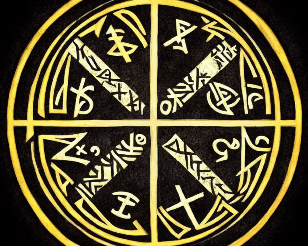 Circular Sigil with Intricate Symbols on Textured Black Background and Yellow Border