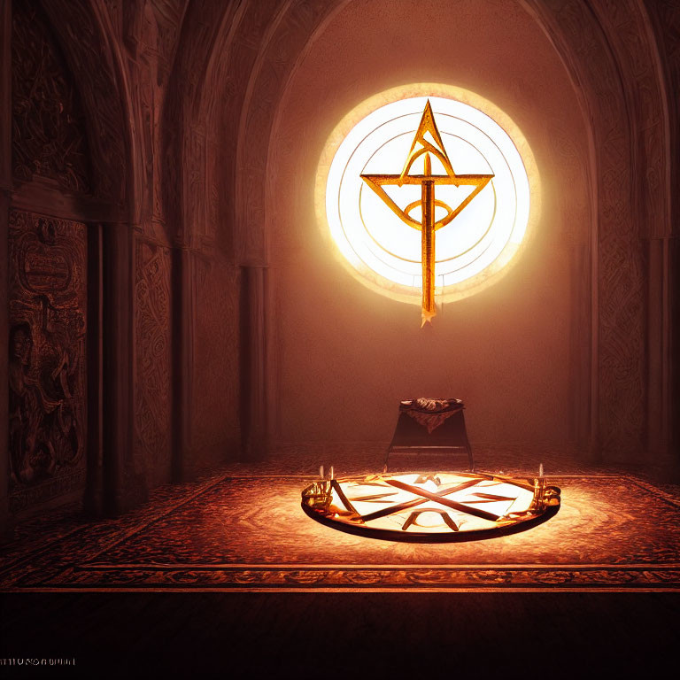 Mystical chamber with round window and suspended symbol