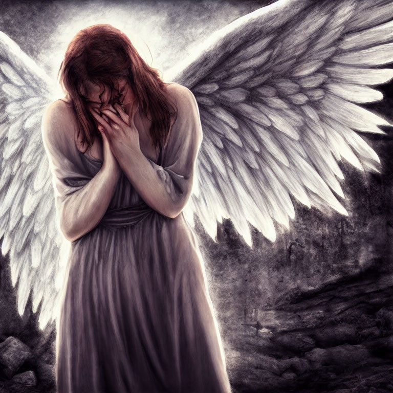 Distressed angel with white wings in somber rocky landscape