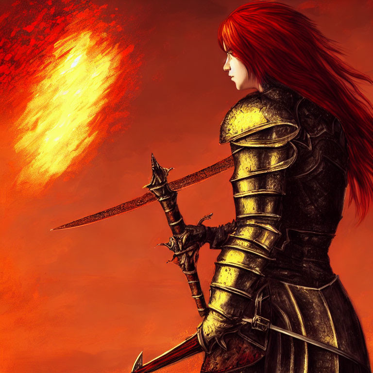 Red-Haired Warrior in Black Armor with Sword Watching Sky Explosion