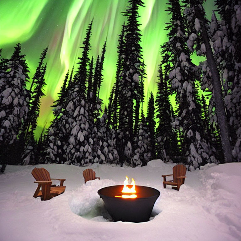 Snowy trees and chairs around fire pit under aurora borealis